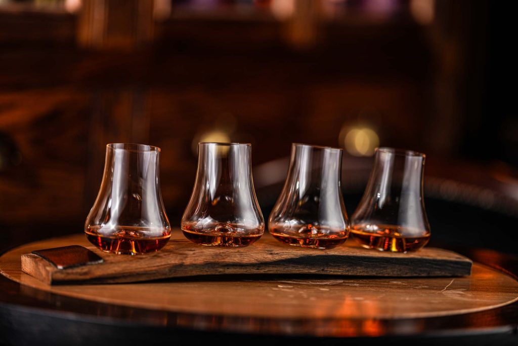 A flight of whiskeys